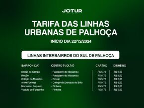 ATENÇÃO - Alteração das tarifas a partir do dia 22/12/2024 - Linhas do Sul de Palhoça