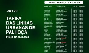 ATENÇÃO - Alteração das tarifas a partir do dia 22/12/2024 - Linhas Urbanas de Palhoça