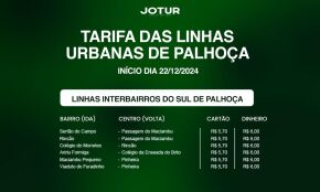 ATENÇÃO - Alteração das tarifas a partir do dia 22/12/2024 - Linhas do Sul de Palhoça