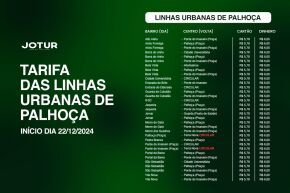 ATENÇÃO - Alteração das tarifas a partir do dia 22/12/2024 - Linhas Urbanas de Palhoça