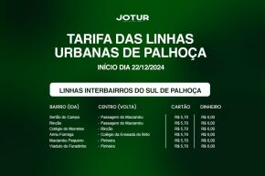 ATENÇÃO - Alteração das tarifas a partir do dia 22/12/2024 - Linhas do Sul de Palhoça